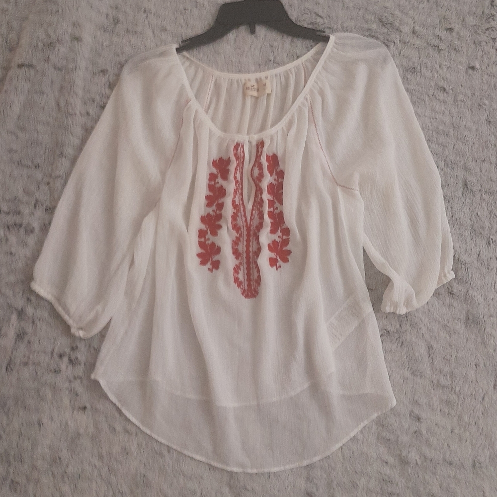 Hollister Longsleeve Blouse, size M, White top and Red embroidery